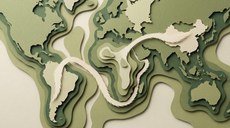 Collage de papel mostrando un mapa estilizado con una ruta comercial conectando dos puntos.