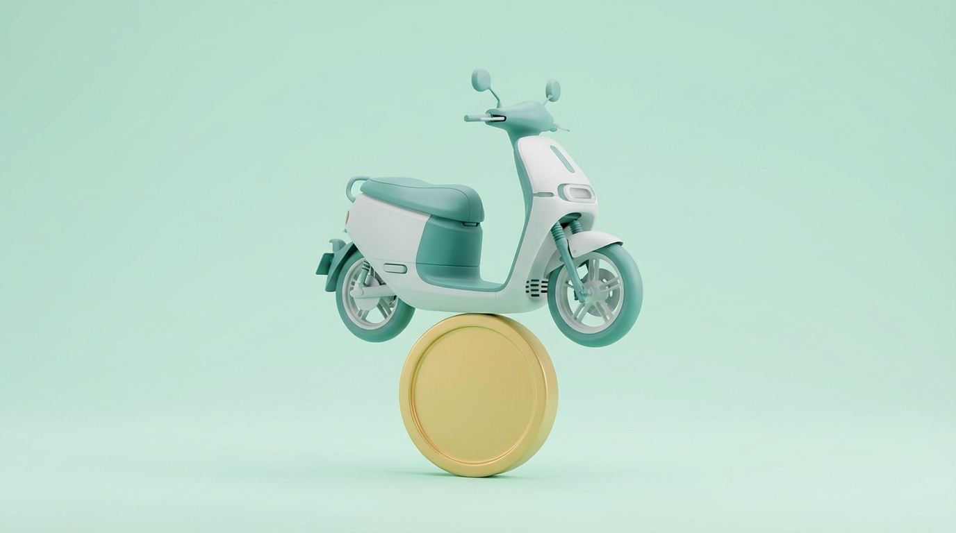 Render 3D minimalista de un ciclomotor moderno equilibrado sobre una moneda dorada, fondo verde suave.