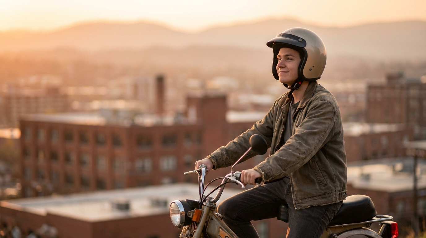 Fotografía de un conductor de ciclomotor con casco sonriendo levemente en un atardecer urbano.