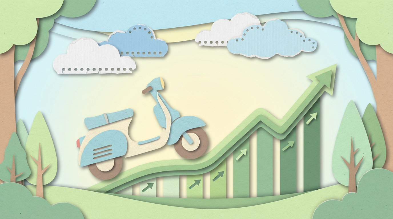 Collage de papel mostrand un ciclomotor viajando por una carretera verde que sube como gráfico financiero.
