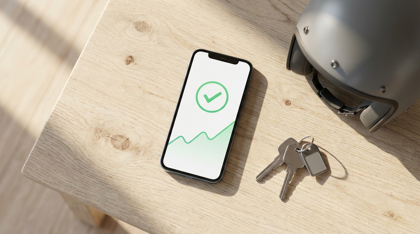 Smartphone sobre mesa de madera mostrando app de finanzas exitosa junto a llaves de moto.