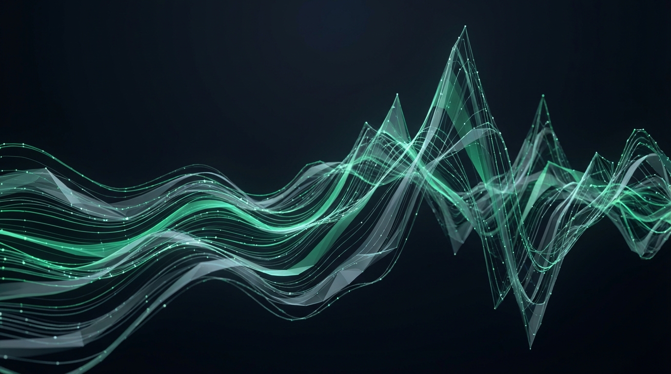 Arte abstracto de líneas de datos financieros formando picos de montaña sobre fondo oscuro