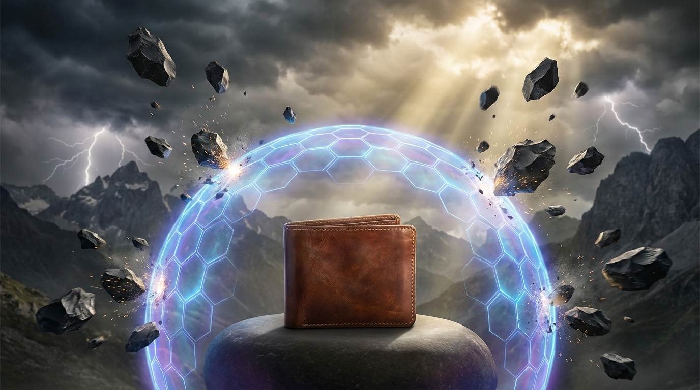Billetera de cuero protegida por un campo de fuerza brillante contra rocas que caen