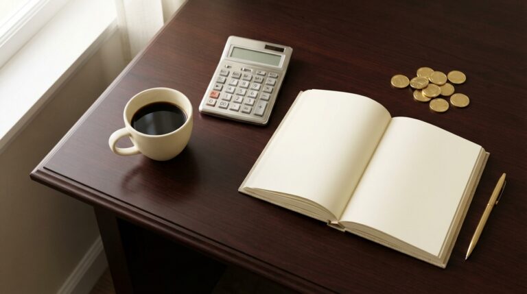 Escritorio ordenado con café, calculadora y libreta para planeación financiera