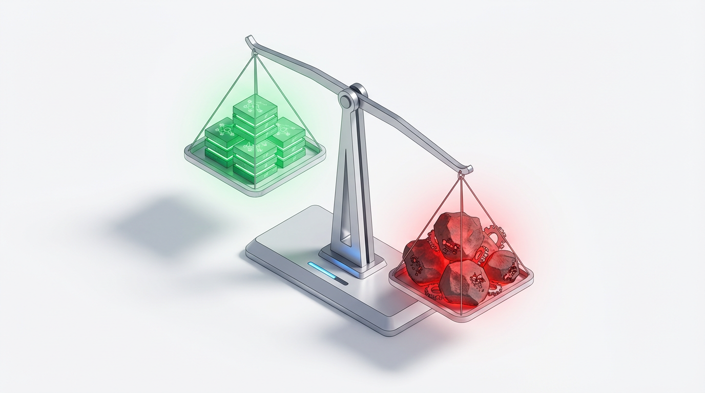 Ilustración isométrica de una balanza pesando ingresos ordenados contra gastos caóticos