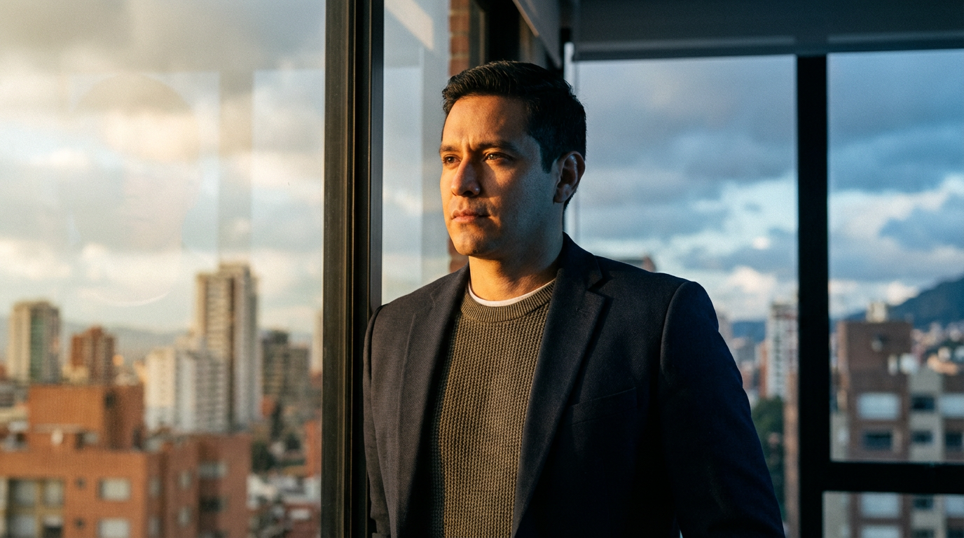 Retrato de hombre latino mirando por la ventana de una oficina hacia un día parcialmente nublado