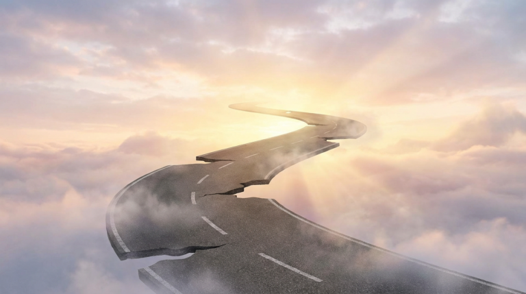 Carretera surrealista que sube hacia el cielo con baches flotantes, representando el camino volátil del mercado financiero.