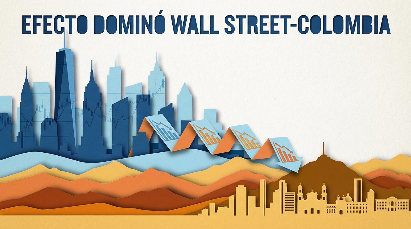 Composición estilo collage de papel mostrando la conexión entre Wall Street y el paisaje urbano colombiano.