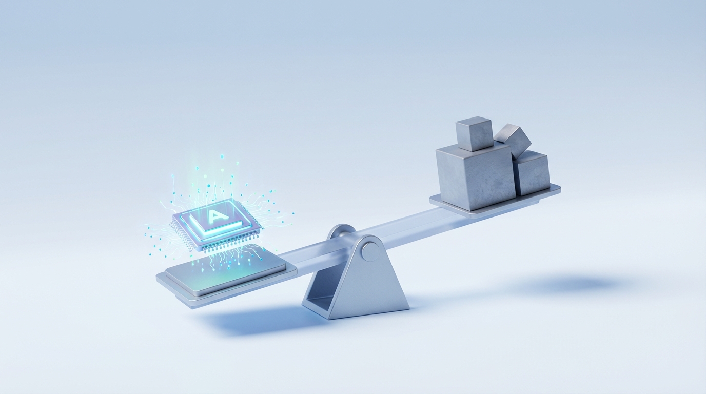 Balanza 3D minimalista pesando un chip de IA brillante contra bloques de piedra oscuros.