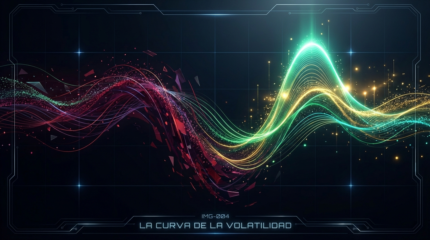 Ondas de datos abstractos mostrando una caída profunda seguida de una recuperación alta.