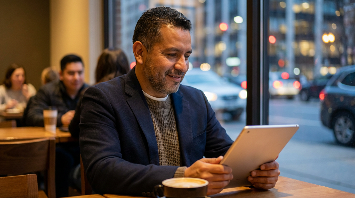 Hombre latino tranquilo revisando una tablet en un entorno urbano desenfocado, transmitiendo calma financiera.