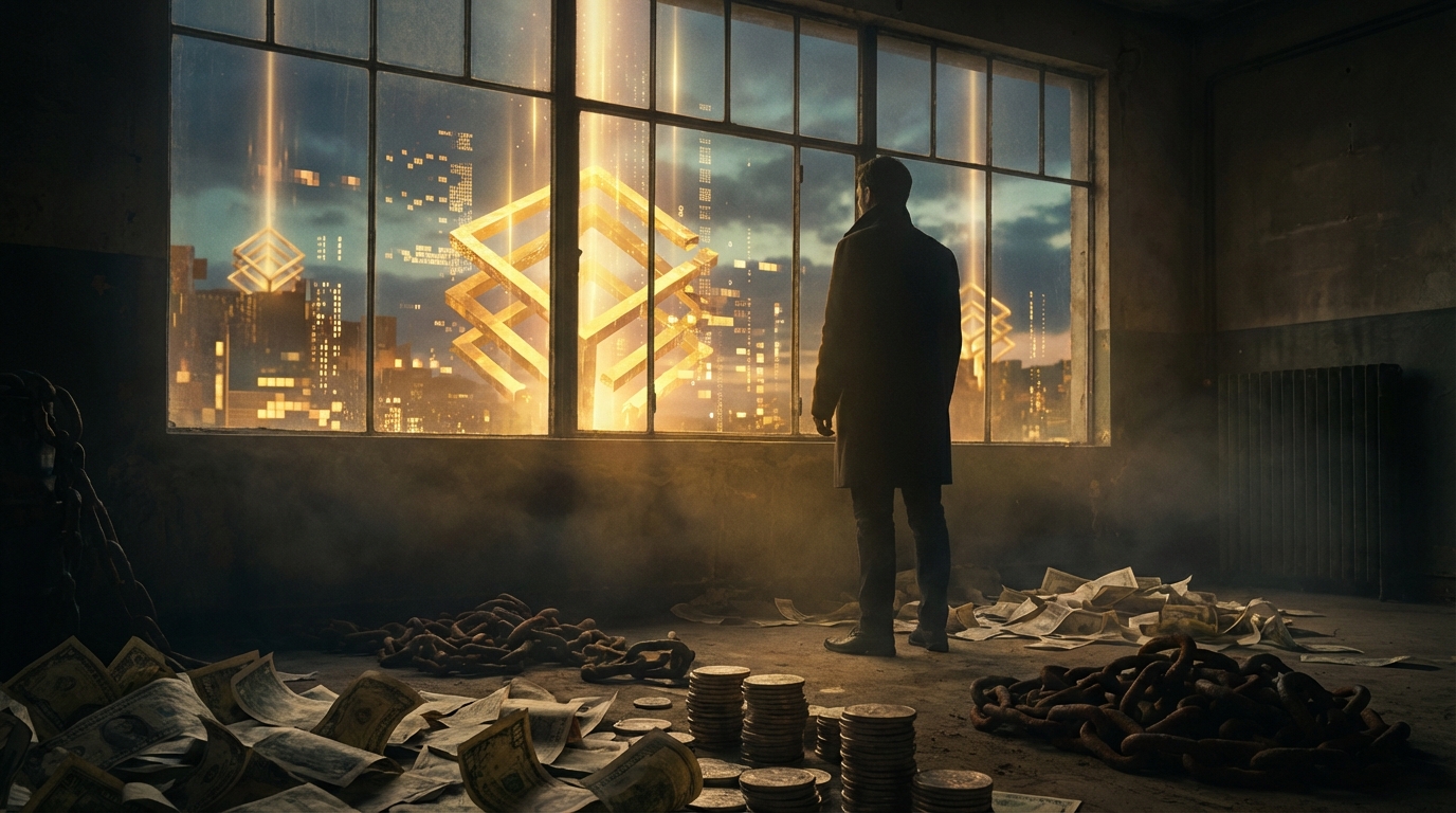 Hombre mirando por una ventana hacia un paisaje digital brillante mientras está rodeado de facturas oscuras.