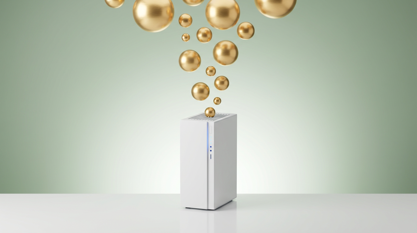Servidor de datos 3D minimalista transformando energía en esferas doradas.