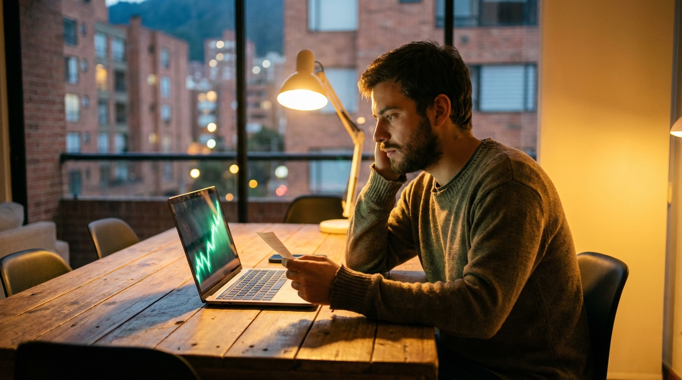 Joven en apartamento urbano revisando cuentas con preocupación frente a una laptop.