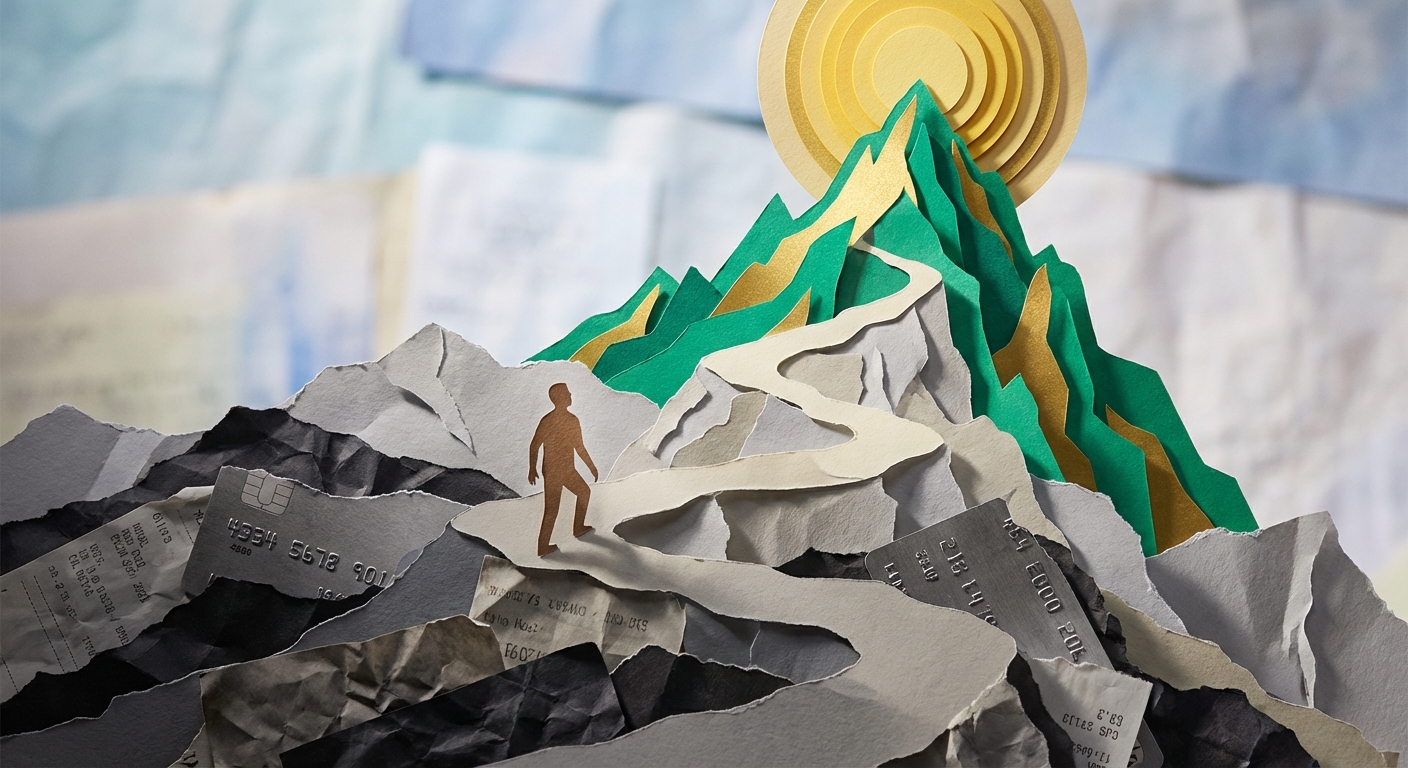 Collage de papel mostrando la transición de recibos arrugados a una cima de montaña dorada.