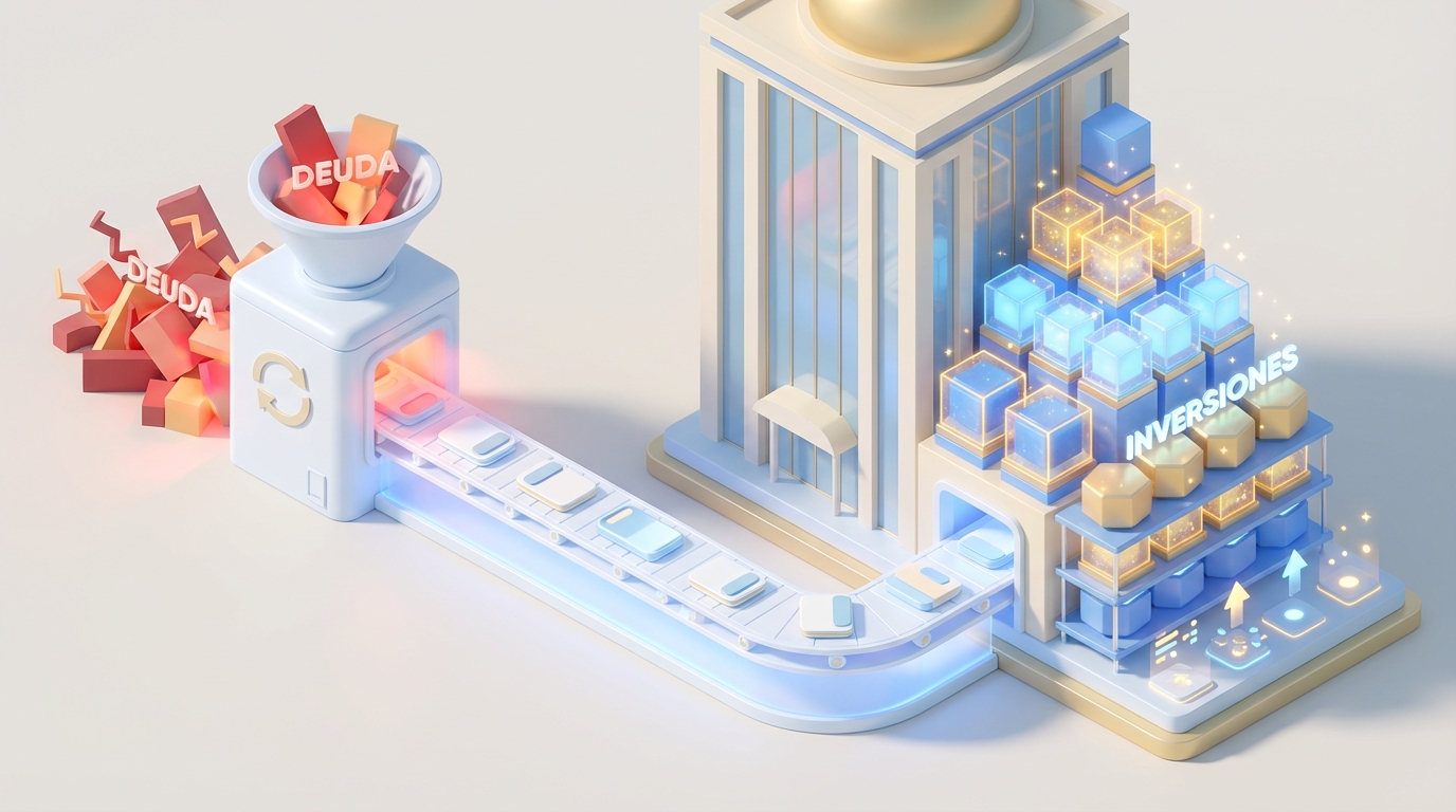 Diagrama isométrico de una fábrica financiera ordenando el caos y produciendo bloques de valor.
