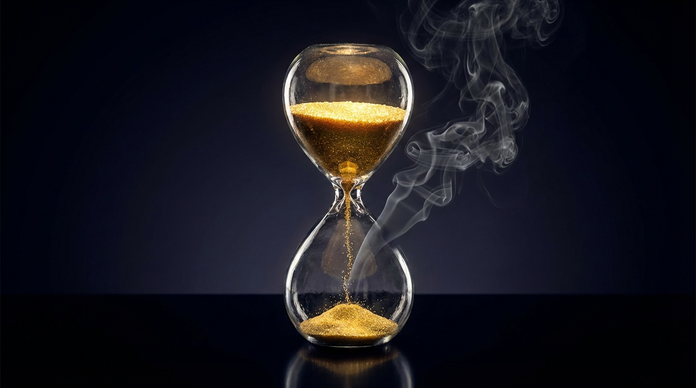 Reloj de arena surrealista donde la arena dorada se convierte en humo al caer, simbolizando la inflación.