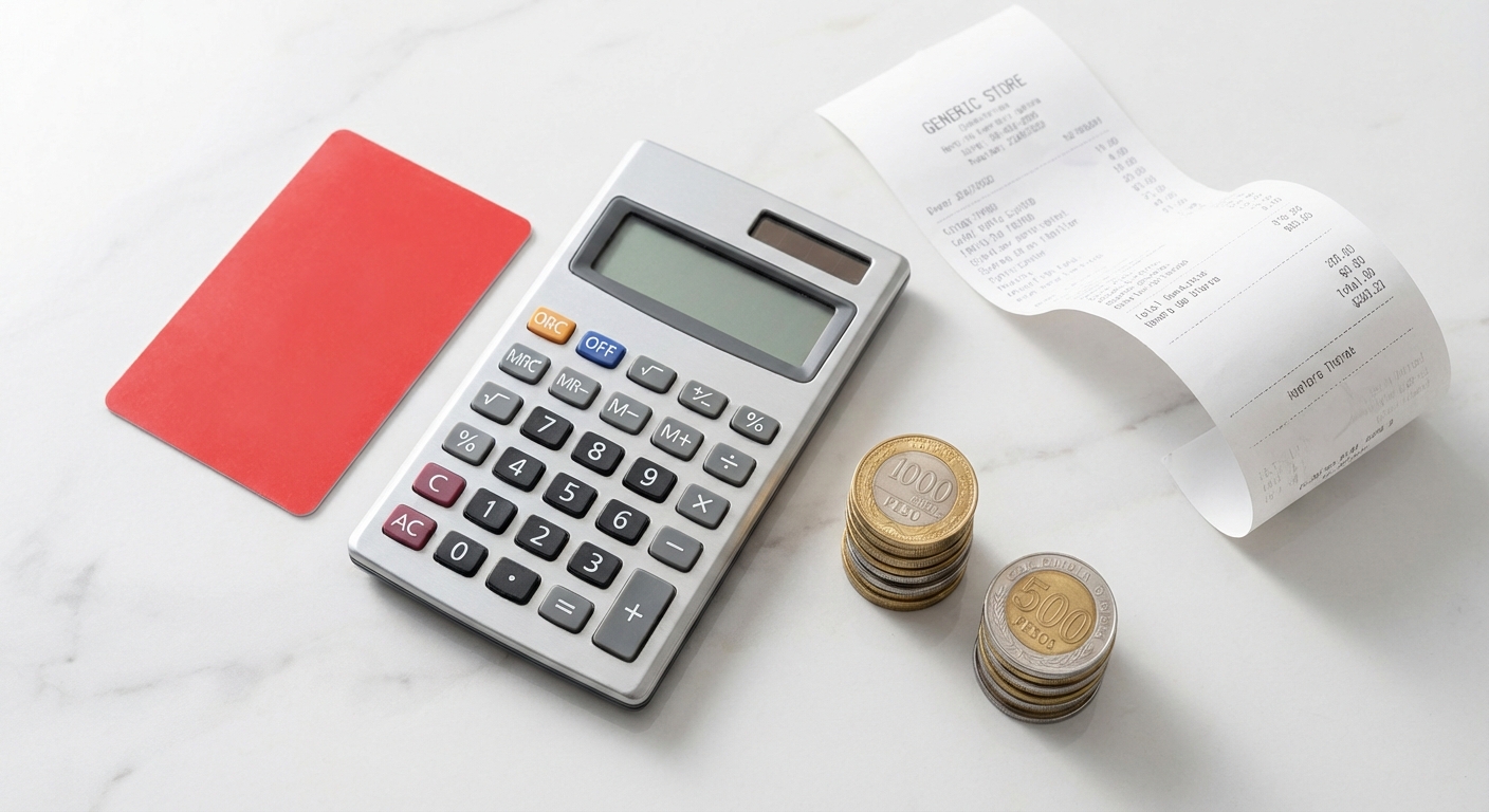 Bodegón financiero con tarjeta de transporte genérica, monedas colombianas y calculadora sobre escritorio moderno.