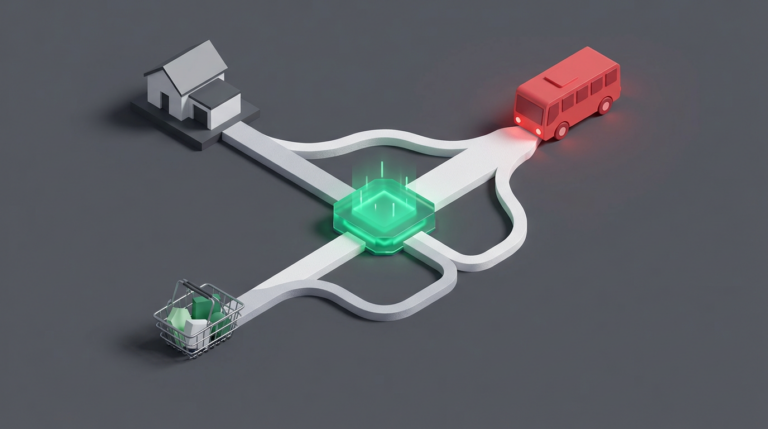 Diagrama isométrico 3D que muestra el flujo del salario dividiéndose en múltiples gastos como transporte y vivienda.