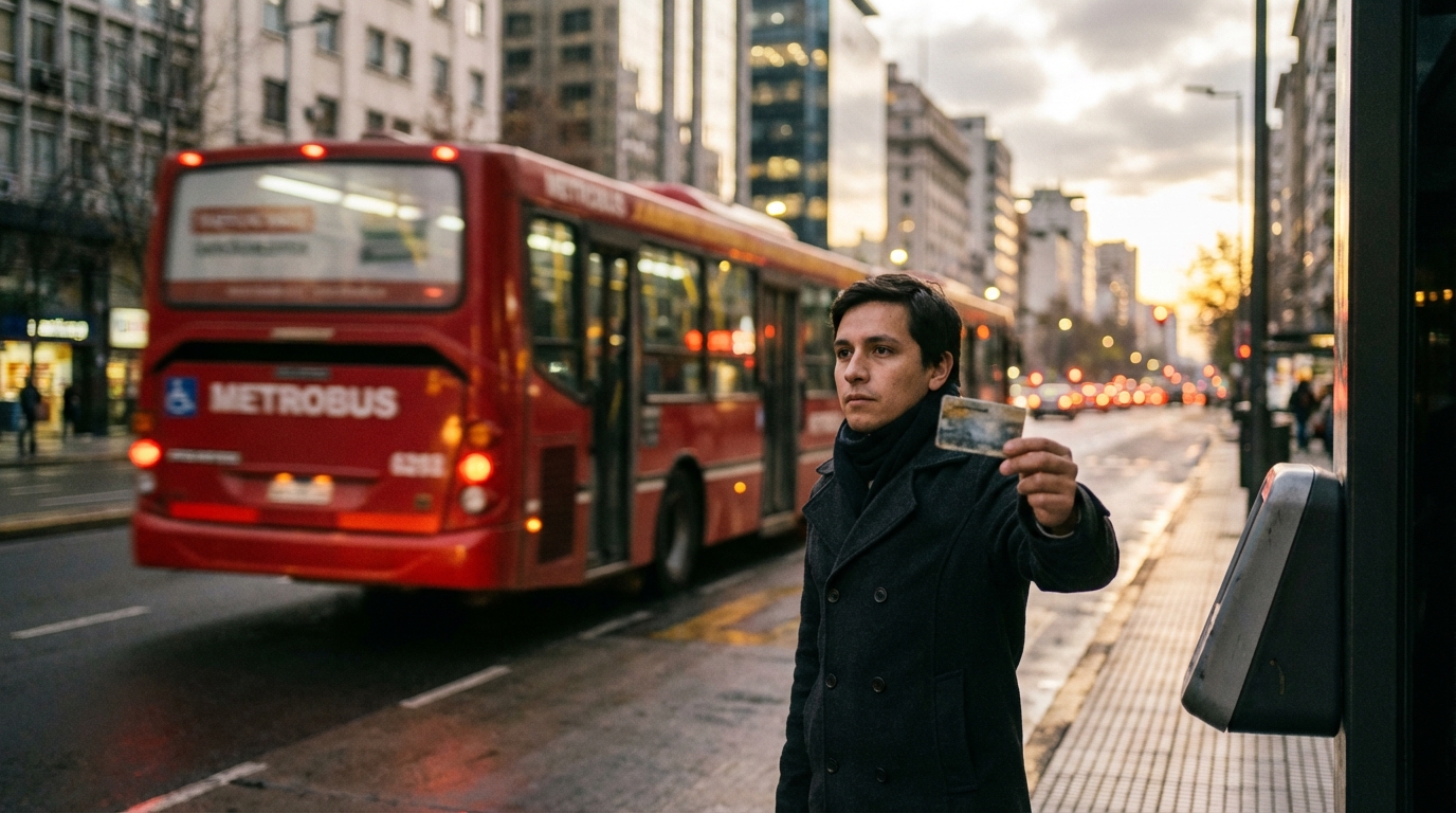Fotografía cinematográfica de una persona en una ciudad moderna al amanecer, esperando transporte, ambiente reflexivo.