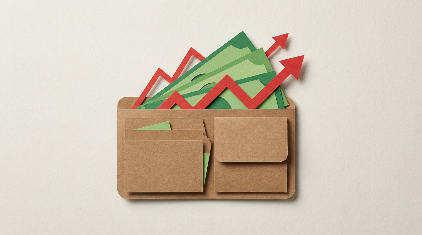 Collage estilo paper-cut que muestra una billetera abierta con capas de papel representando billetes y gráficos de subida.