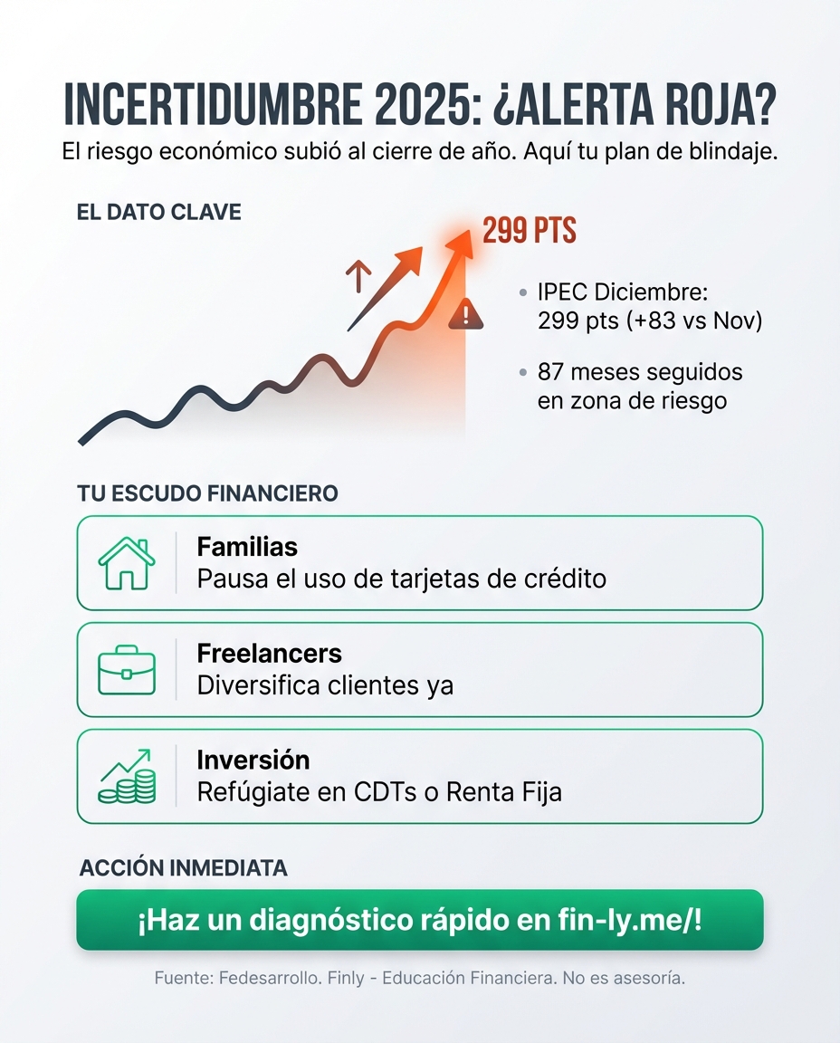La incertidumbre económica cerró el 2025 al alza, recordándonos que el riesgo es la única constante. Es lo que sientes al no saber si tu arriendo subirá más de la cuenta o si tu ahorro perderá valor mañana. ¿Tienes un plan para proteger tu bolsillo cuando las reglas del juego cambian cada mes? 🇨🇴📉