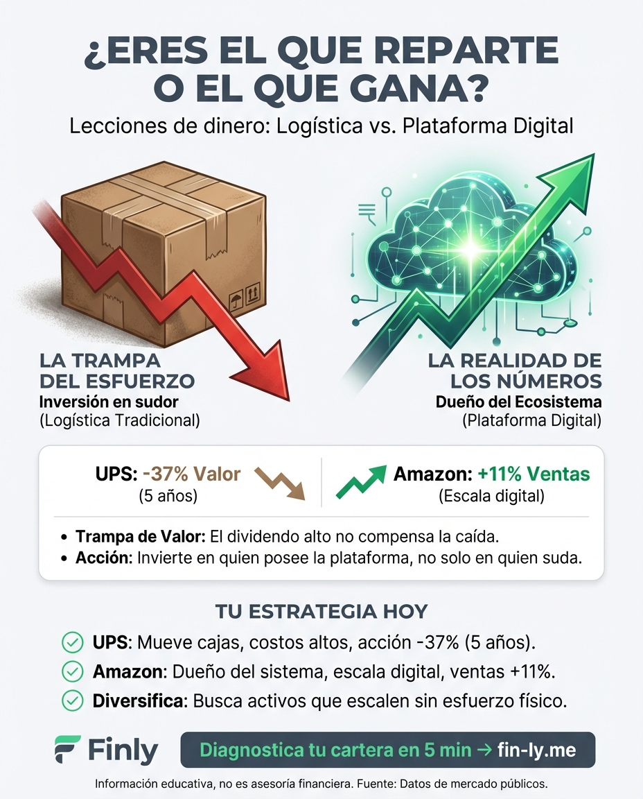 ¿Sientes que trabajas duro pero tu bolsillo no avanza? A UPS le pasa igual: entrega millones de paquetes pero sus ganancias caen, mientras Amazon se queda con la mejor parte. No te quedes siendo el que hace el esfuerzo para que otro crezca; revisa dónde pones tu energía y tu dinero. 🇨🇴📉