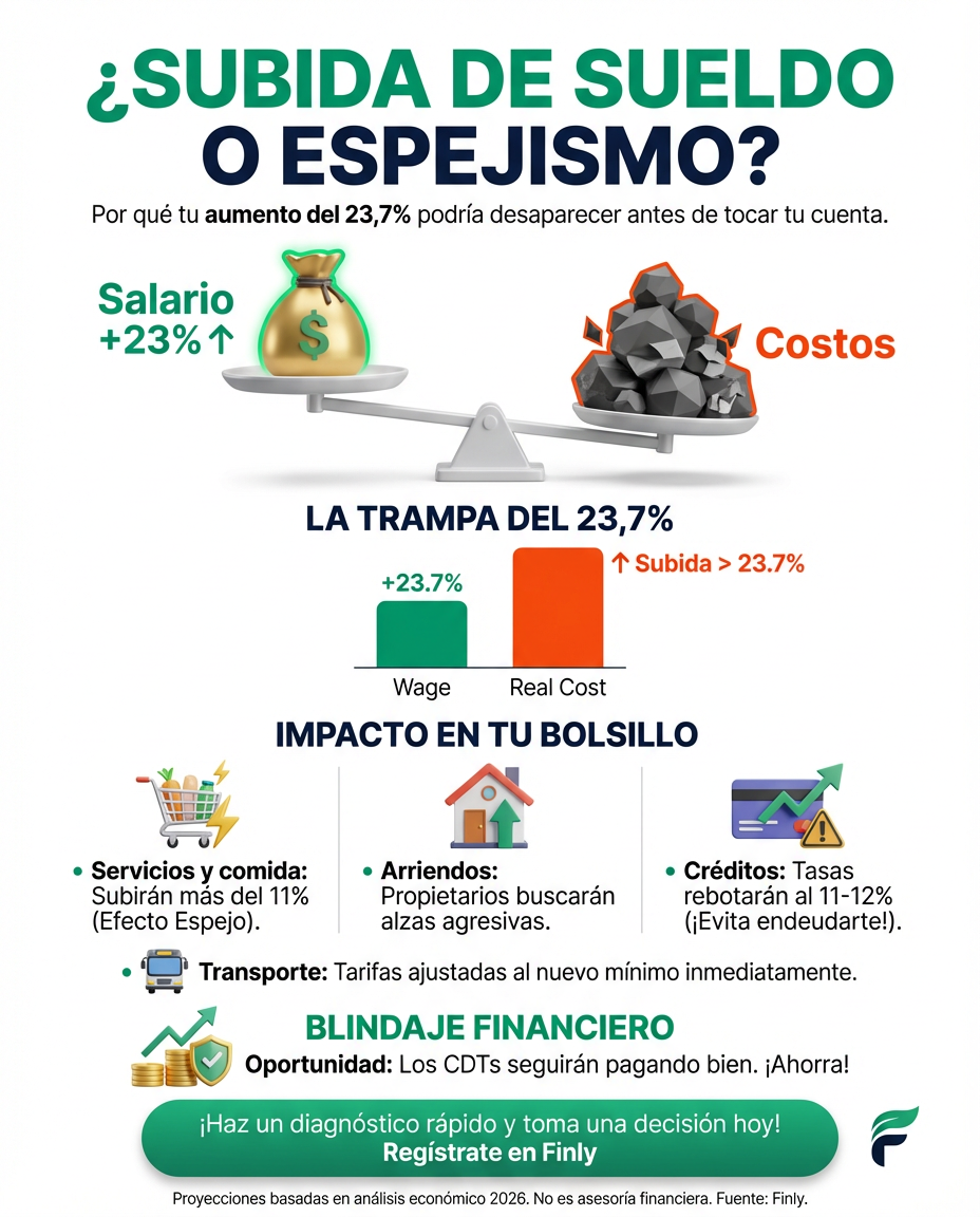 El aumento del 23,7% en el salario mínimo podría ser una trampa: los arriendos, servicios y transporte subirán tanto que el dinero se te irá antes de tocarlo. Es el efecto espejo: crees que ganas más, pero las deudas y el costo de vida crecen más rápido. ¿Estás listo para blindar tu bolsillo? 🇨🇴💰