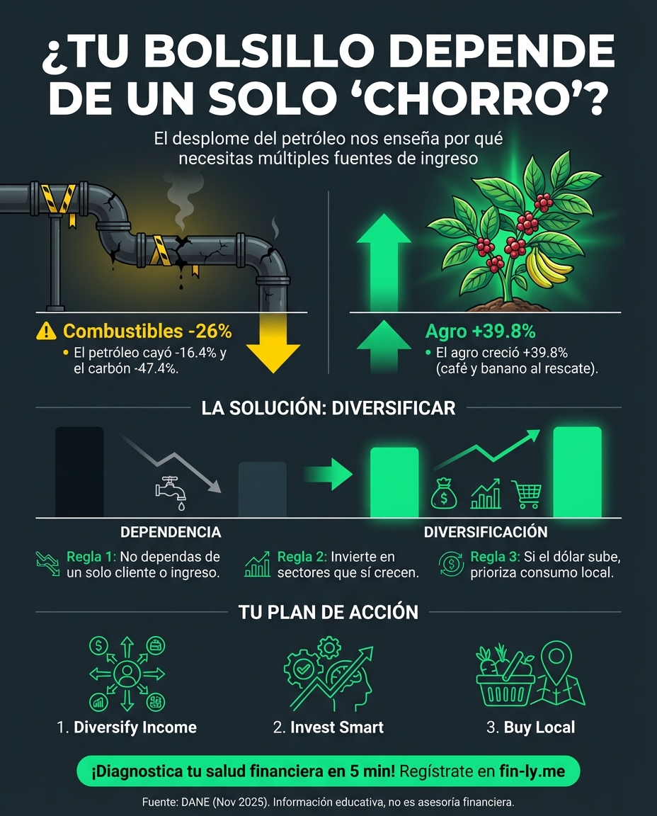 Las exportaciones cayeron porque dependemos demasiado del petróleo, mientras el agro saca la cara. Es como cuando tus ingresos dependen de una sola fuente que falla: si no diversificas, tu bolsillo sufre. ¿Estás cultivando nuevas fuentes de ingreso o esperando a que el crudo te salve? 📉🇨🇴
