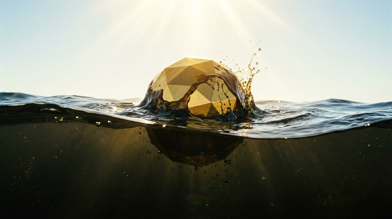 Esfera dorada emergiendo del agua oscura hacia la luz, representando la recuperación financiera.