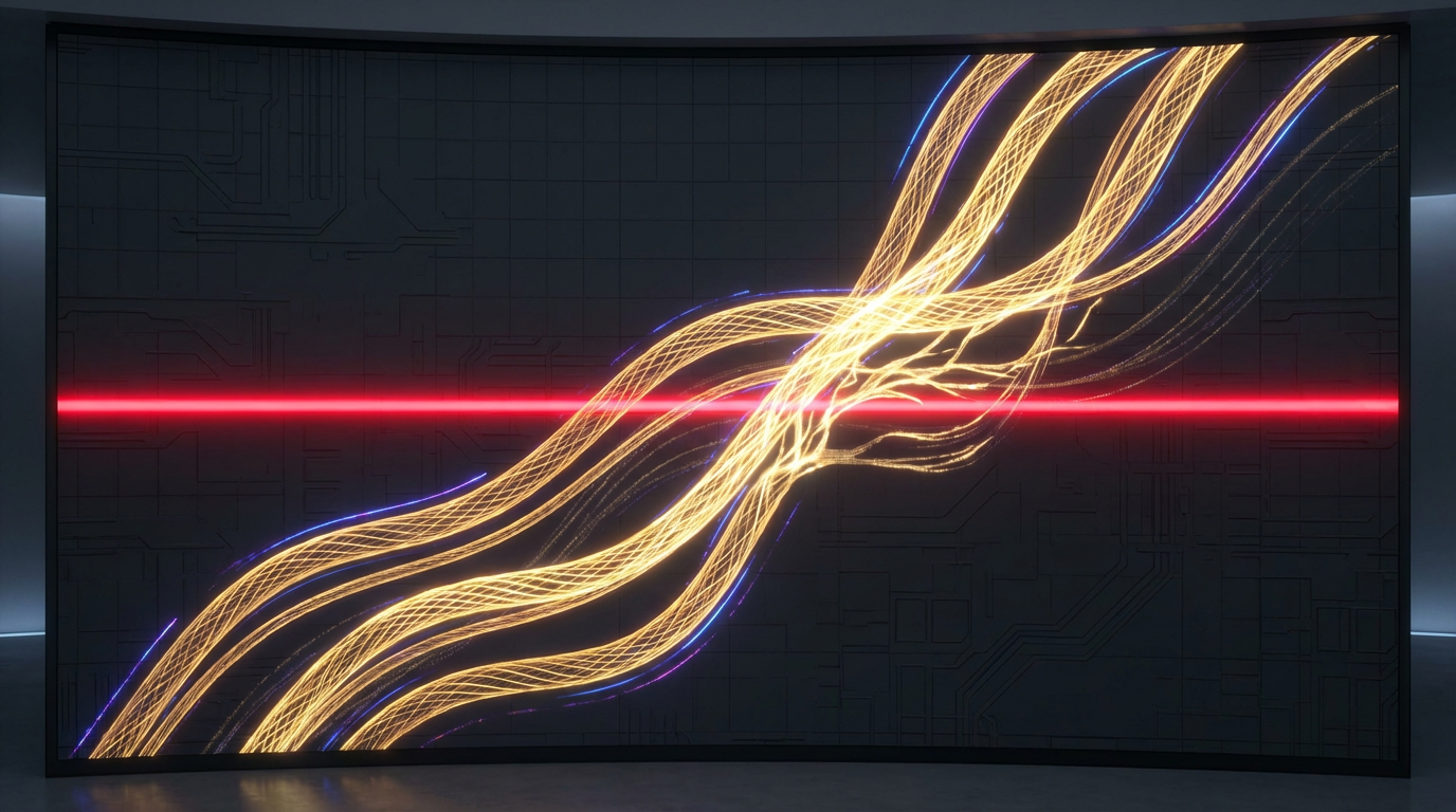 Líneas de datos abstractas cruzándose, con una línea dorada superando una barrera roja en un fondo oscuro.