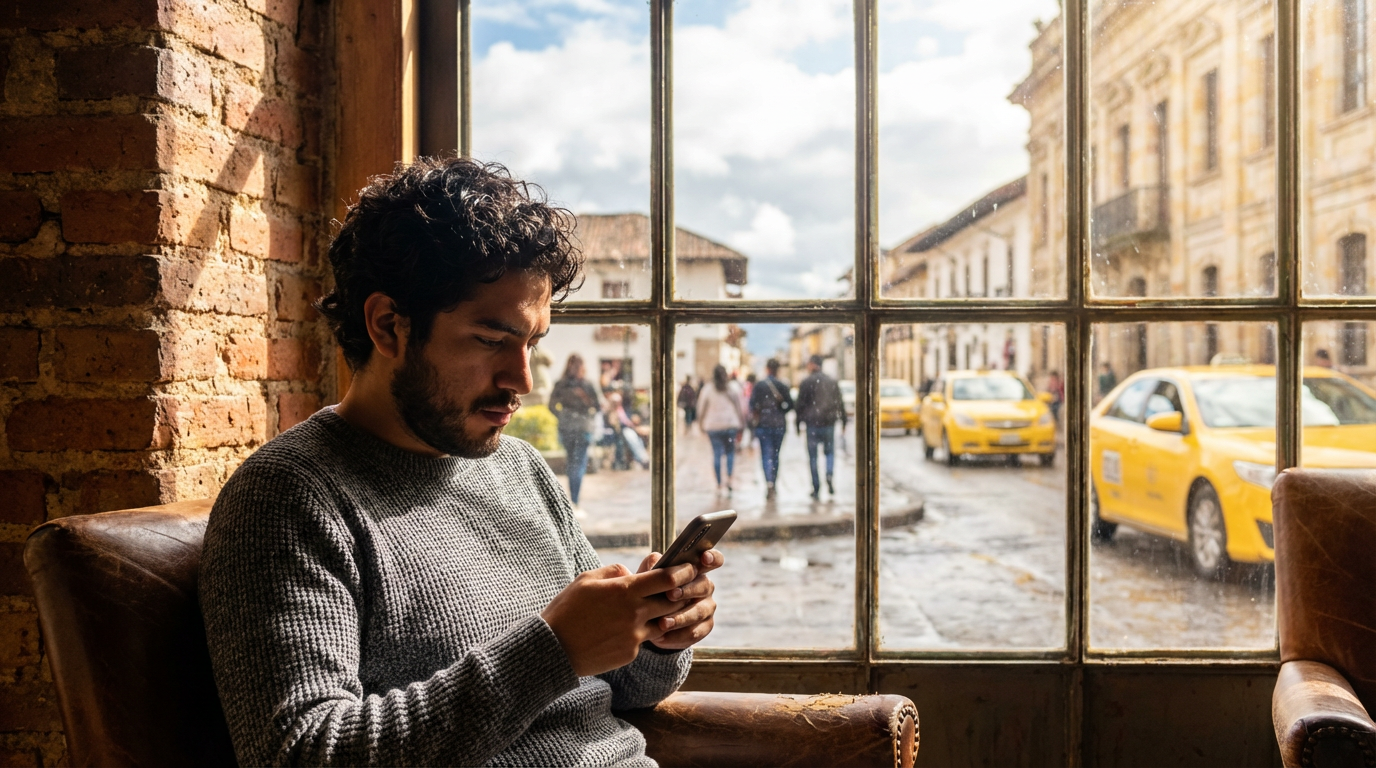 Joven profesional en una cafetería estilo Bogotá revisando su celular con expresión pensativa pero tranquila.