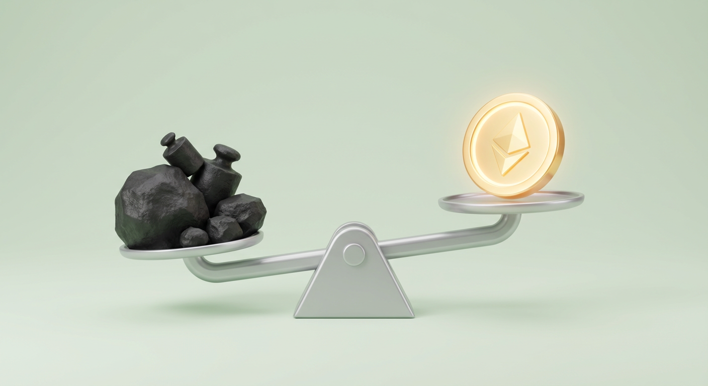 Balanza 3D minimalista equilibrando una moneda dorada brillante contra rocas oscuras texturizadas.