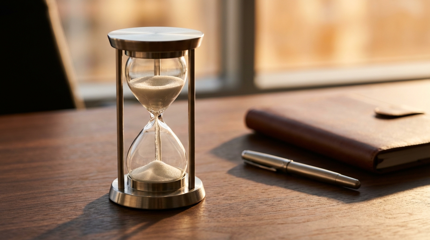 Reloj de arena moderno sobre un escritorio de madera con luz de atardecer, simbolizando el tiempo de espera diplomática.