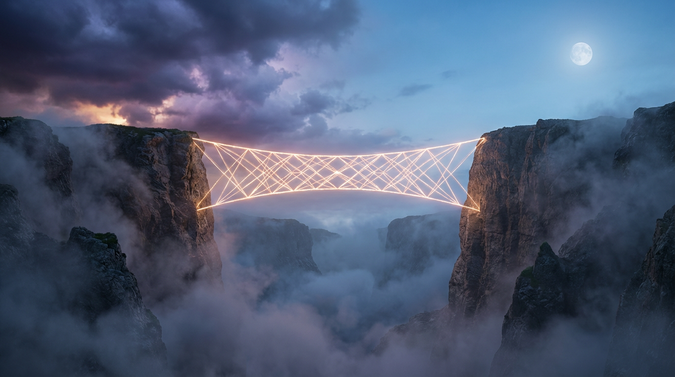 Paisaje surrealista con dos montañas separadas por niebla y un puente de luz tenue, representando la conexión incierta entre dos naciones.