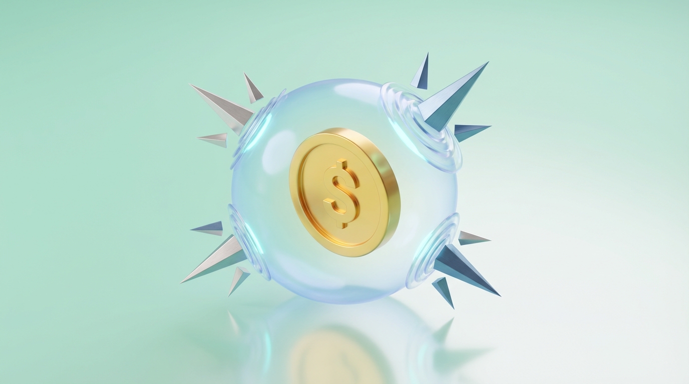 Escudo 3D translúcido protegiendo una moneda dorada de una onda expansiva, metáfora de protección financiera.