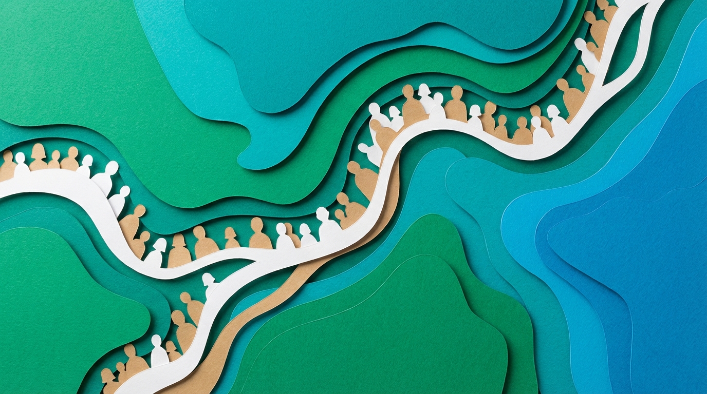 Siluetas de personas caminando sobre un mapa abstracto hecho de capas de papel, vista cenital.