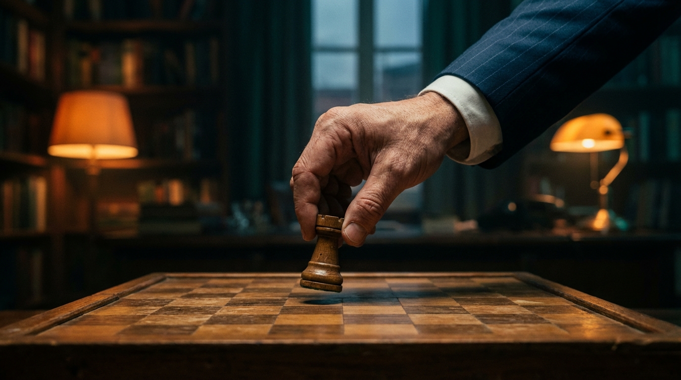 Fotografía cinematográfica de una mano sosteniendo una pieza de ajedrez sobre un tablero borroso, momento de decisión.