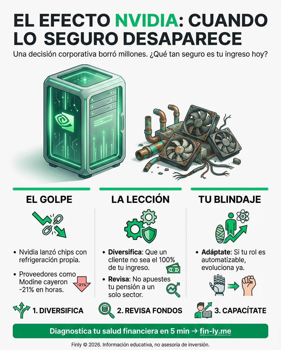Nvidia anunció chips que no necesitan refrigeración externa y hundió las acciones de sus proveedores. Es como cuando automatizan tu proceso en el trabajo y tu rol deja de ser necesario de un día para otro. ¿Qué tan blindado está tu ingreso ante los cambios que no puedes controlar? 📉💰