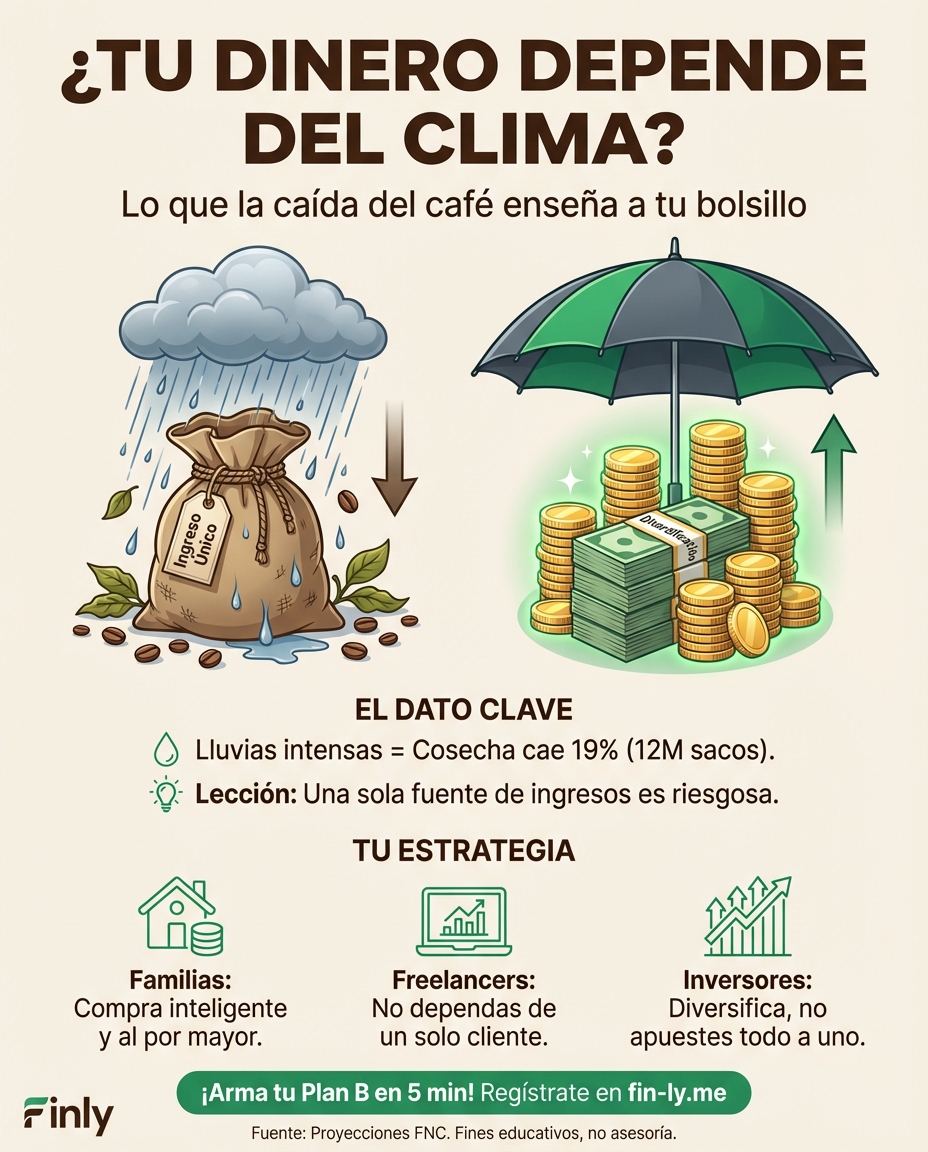 La producción de café caerá un 19% por el clima, recordándonos que depender de una sola fuente de ingresos es un riesgo alto. Si el clima afecta tu bolsillo como a los caficultores, ¿tienes un plan B para cuando las condiciones externas no te favorezcan? 📉☕️