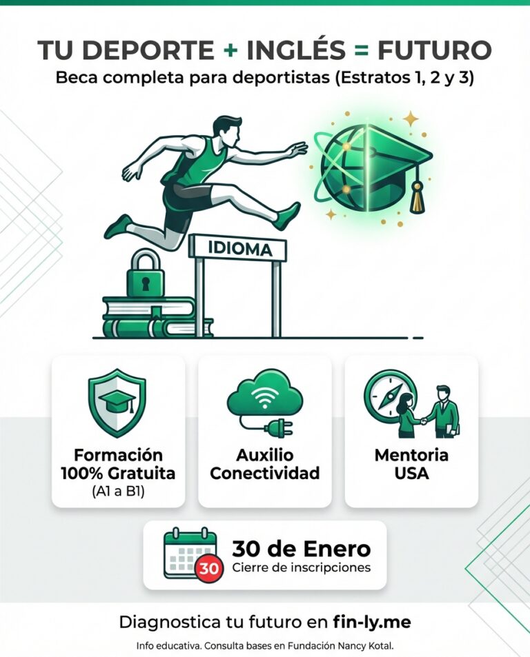 Imagina querer una beca en el exterior pero que tu inglés sea la barrera que te frena. Si eres deportista de estrato 1, 2 o 3, esta es la oportunidad de dejar de gastar en cursos y ganar una formación bilingüe gratuita. ¿Vas a dejar que el 30 de enero pase sin asegurar el futuro de tu carrera? 🇨🇴💰