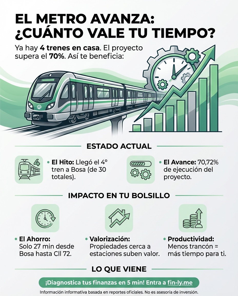 Ya llegó el cuarto tren del Metro y, aunque falte para 2028, ver el avance es como cuando por fin empiezas a ahorrar: el camino es largo pero cada peso cuenta. ¿Sabías que tu tiempo vale oro? Un trayecto de 27 minutos te ahorrará horas que hoy pierdes en trancones. 🇨🇴💰