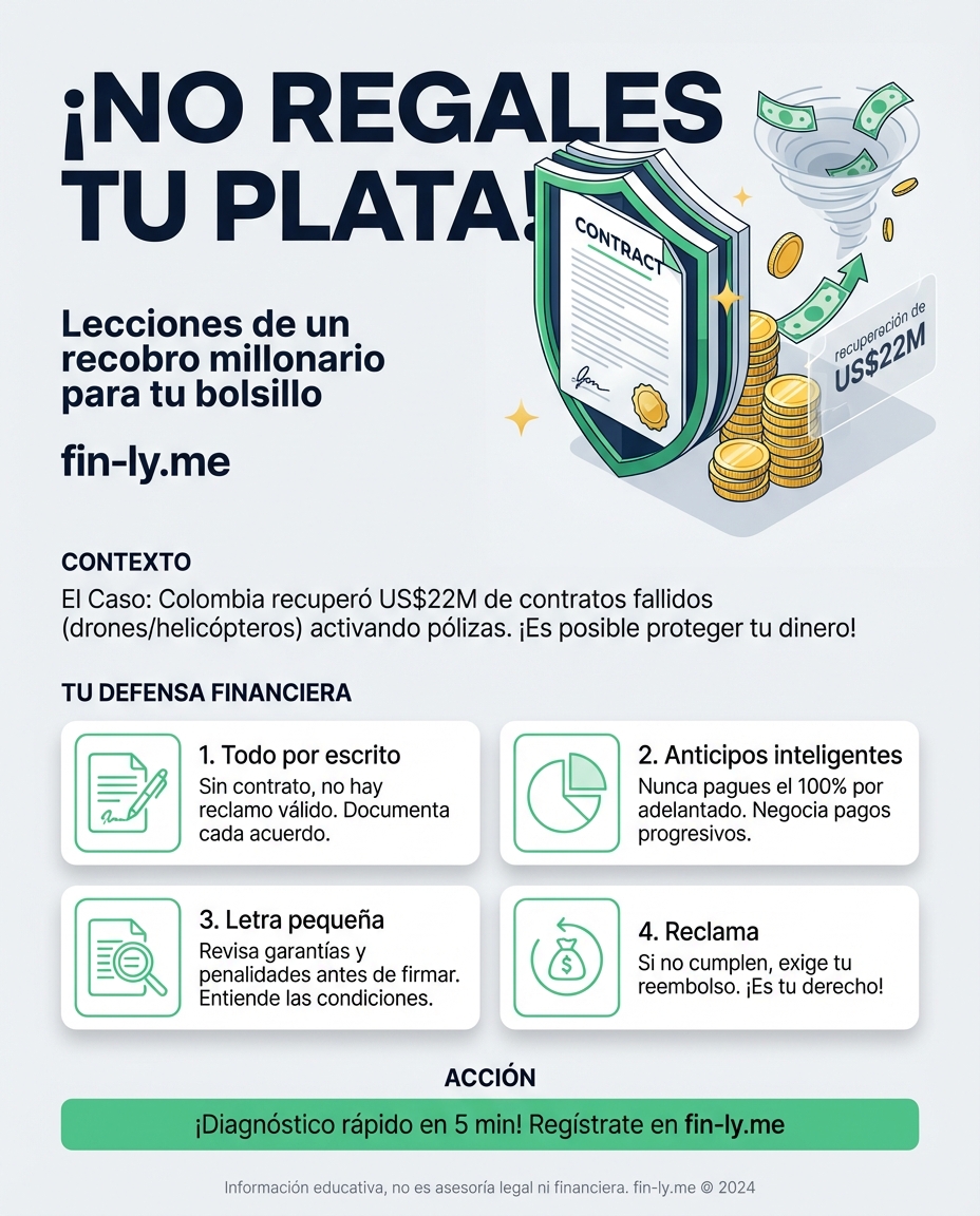 Recuperar dinero de quien no te cumplió es justicia financiera, tal como hizo el país con US$22 millones de contratos fallidos. Es lo que sientes al pelear un cobro injusto en tu extracto o exigir garantía por algo que no sirve. ¿Sabes cómo activar tus propias 'pólizas' para que no te roben tu liquidez? 🇨🇴💰