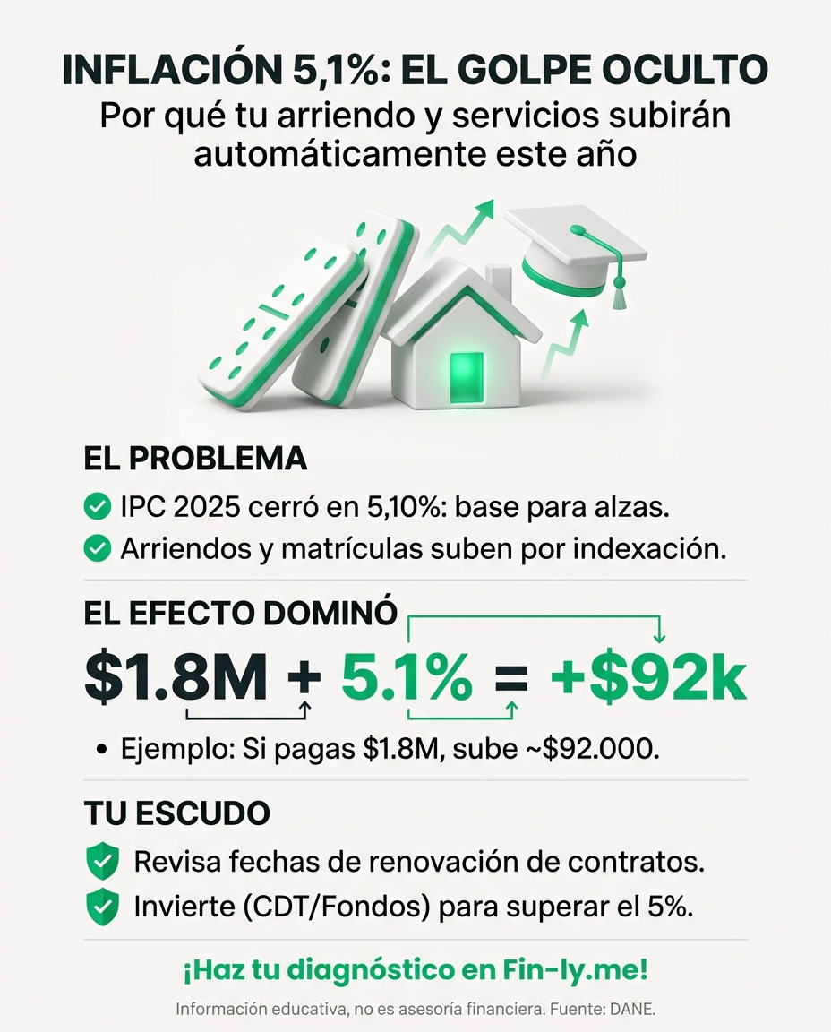 La inflación cerró en 5,1% y esto significa que tus arriendos, servicios y colegios subirán automáticamente. Es el mismo golpe que sientes cuando tu salario aumenta pero el costo de vida ya se lo gastó de antemano. ¿Cómo blindar tu bolsillo ante un año donde todo sube menos tu margen de ahorro? 🇨🇴💰