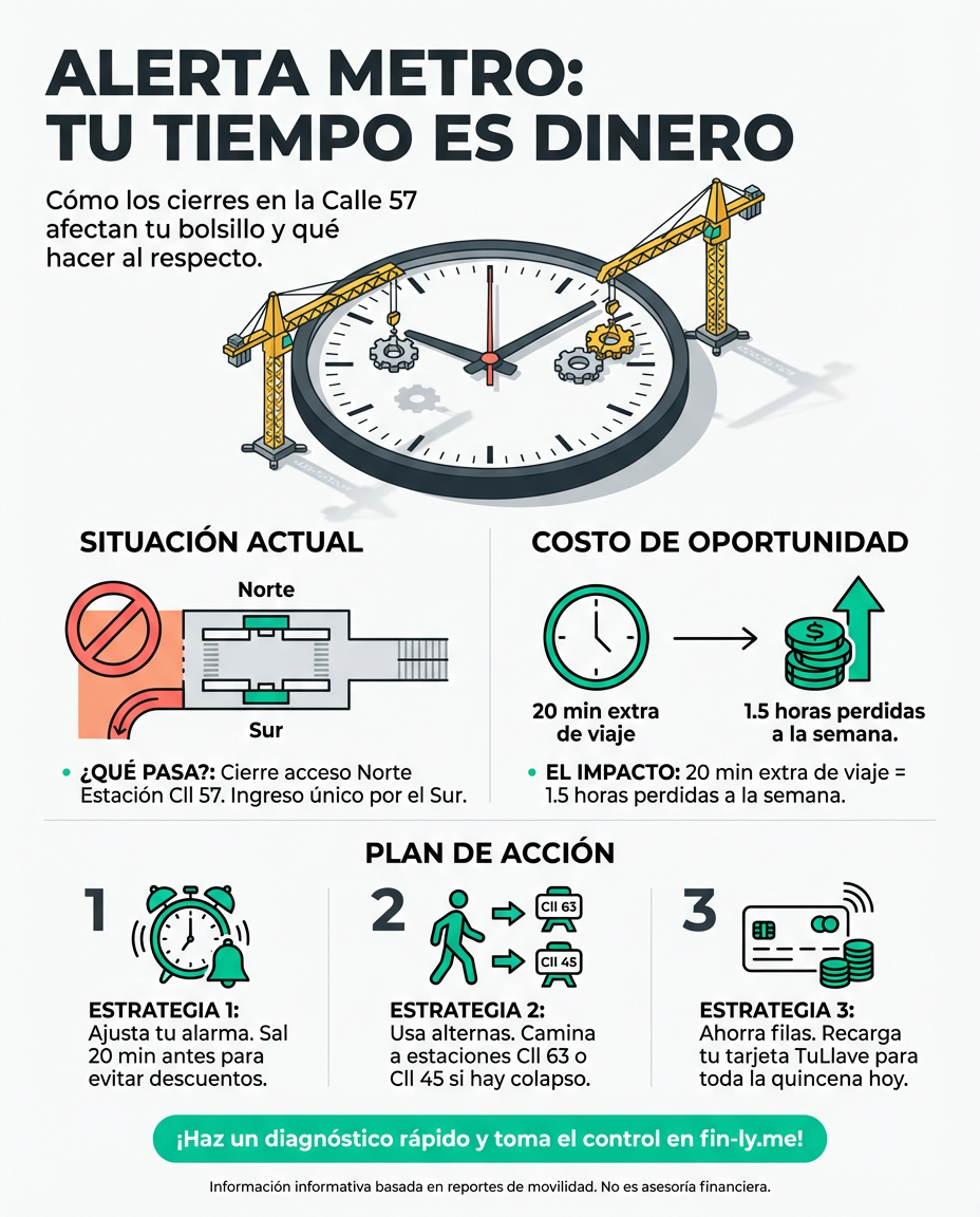 Nuevos cierres en la calle 57 por el Metro afectarán tus tiempos de desplazamiento y, por ende, tu productividad. Para un Freelancer o Asalariado, 20 minutos extra de trancón son dinero perdido en transporte o descanso. ¿Estás ajustando tu presupuesto de tiempo y movilidad antes de que el caos te pase factura? 🇨🇴💰