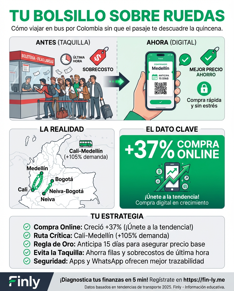 Viajar en bus sigue siendo la opción número uno de los colombianos, pero la falta de planeación digital puede inflar tus gastos de última hora. Si sientes que el dinero no alcanza para el próximo puente, recuerda que anticipar la compra por internet no es solo comodidad, es proteger tu ahorro. ¿Estás gastando más en el pasaje por no digitalizar tus finanzas? 🚌💰