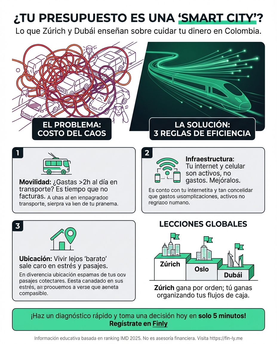 Mientras el mundo compite por ciudades con transporte y salud de lujo, el bolsillo colombiano siente que vive en el pasado pagando arriendos de primer mundo. ¿De qué sirve una ciudad inteligente si tu presupuesto no es eficiente? Aprende qué hace a estas urbes exitosas y cómo aplicarlo a tu propia economía. 🇨🇴💰
