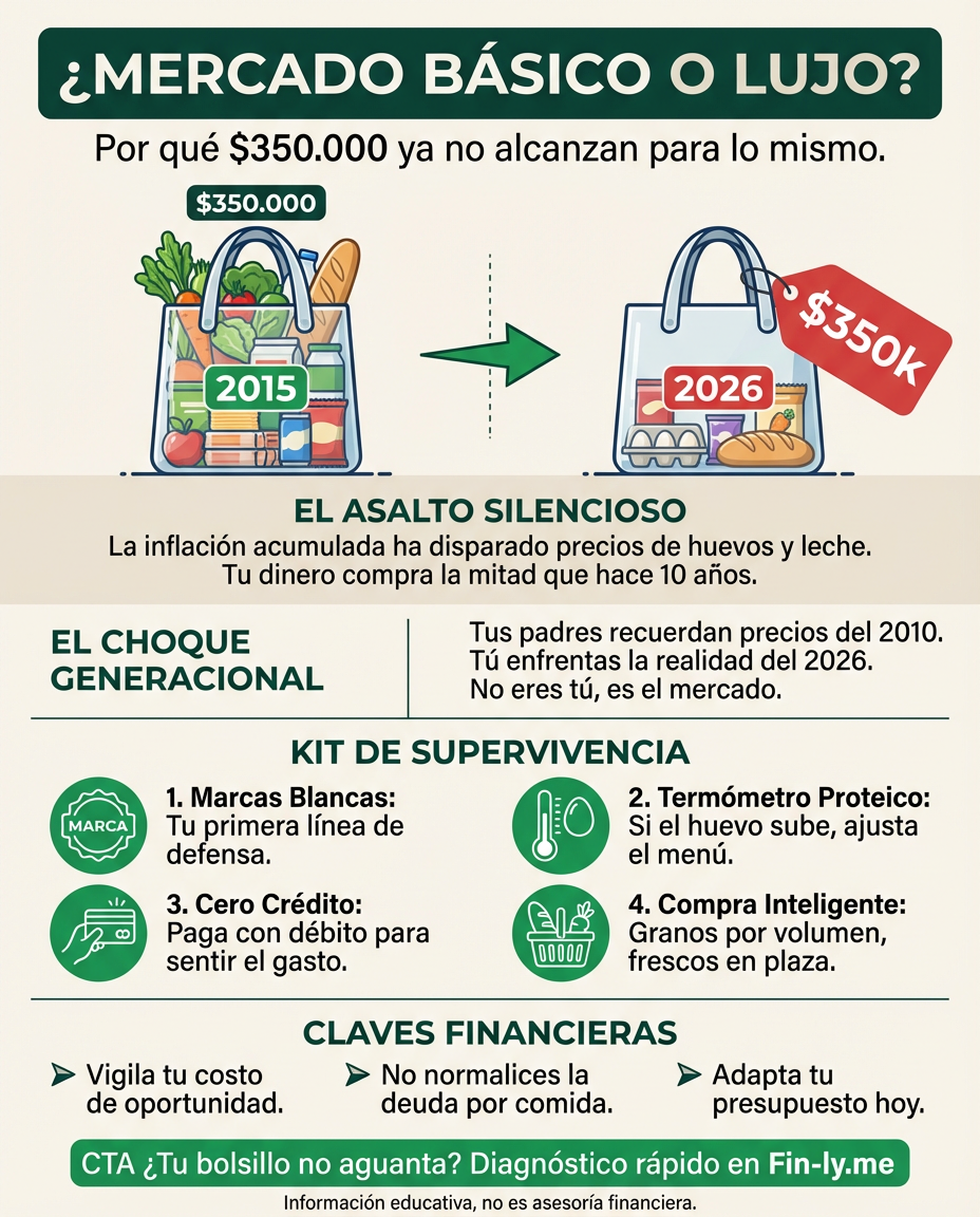 Ir al súper hoy se siente como un asalto silencioso a tu bolsillo: compras lo básico y la cuenta ya va en $350 mil pesos. Es el drama del joven asalariado que lucha contra una inflación que sus padres no entienden. ¿Tu presupuesto aguanta este ritmo o estás a un mercado de quedar en rojo? 📉💰