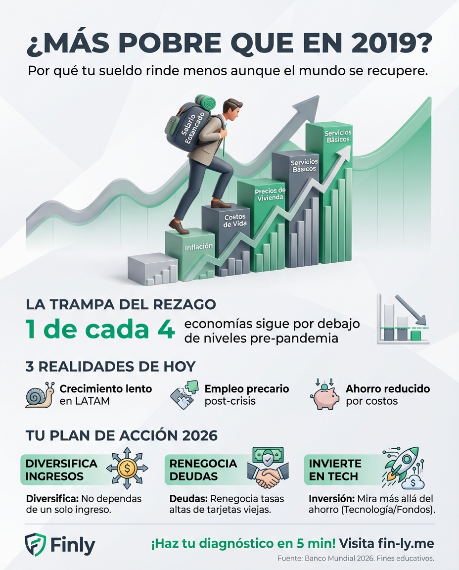 El mundo se recupera, pero tu bolsillo siente que el sueldo de hoy compra menos que en 2019. Mientras unos avanzan, uno de cada cuatro sigue atrapado en el rezago de la pandemia, igual que cuando tus deudas crecen más rápido que tus ingresos. ¿Cómo evitar que tu economía personal se estanque? 📉💰