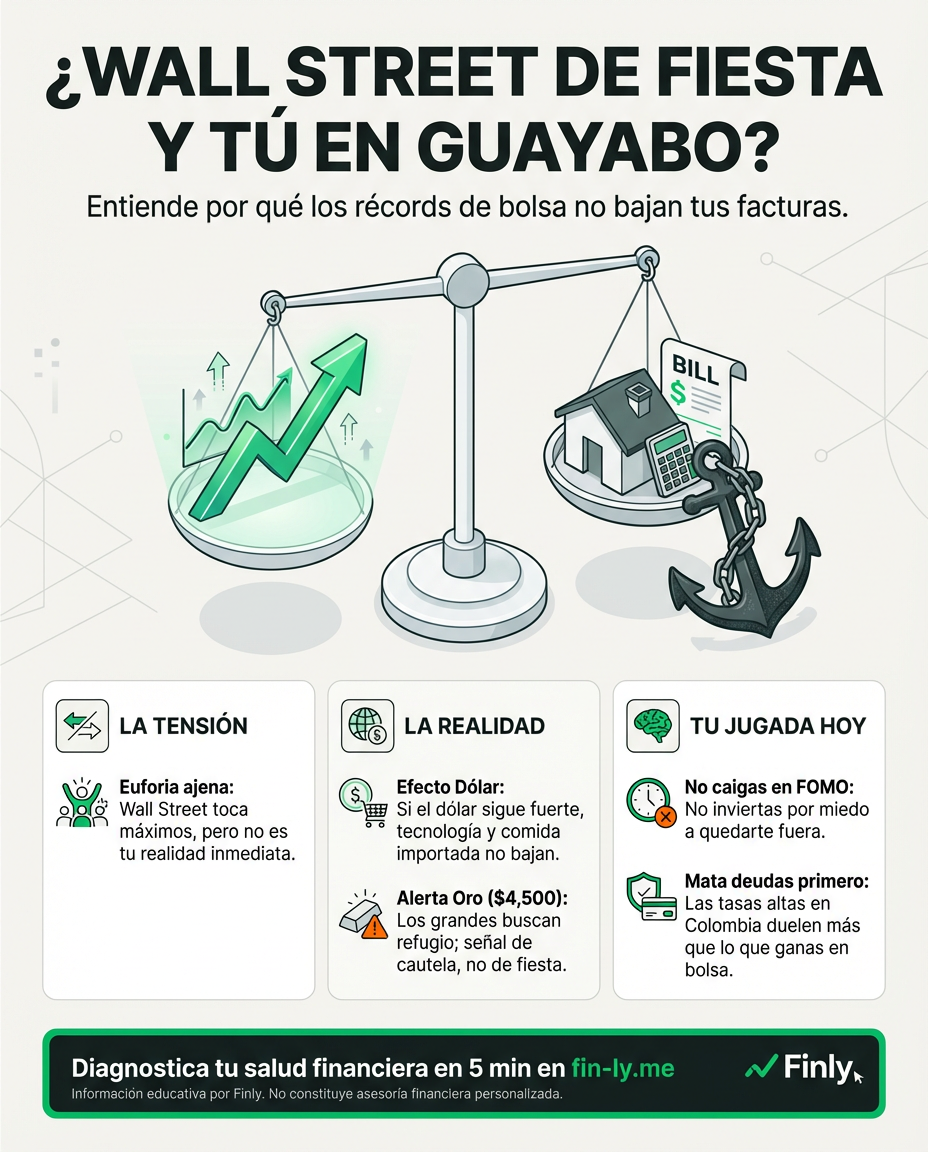 Wall Street celebra récords mientras tú sientes que el sueldo no estira. Es como cuando anuncian grandes ganancias corporativas, pero a ti te suben el arriendo y las facturas. ¿Estás invirtiendo en lo que sube o solo pagando lo que aumenta? 🇨🇴💰